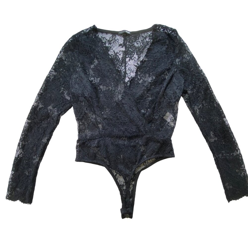 Fashion Nova XL Black Lace Long Sleeve Deep V-Neck Bodysuit Goth Festival Rave